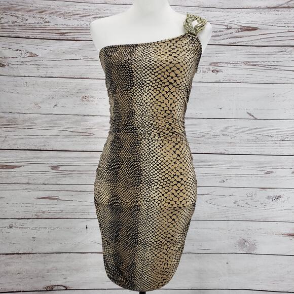 Cache Women's One Shoulder Snakeskin Print Ruched Bodycon Dress Size Small - Picture 1 of 9